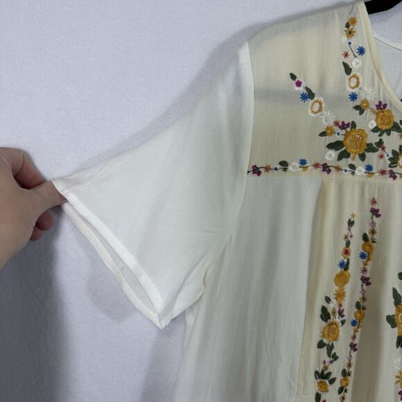 Umgee Cream White Floral Embroidered Short Sleeve Sheer Sheath Dress Size L Boho - Picture 5 of 8